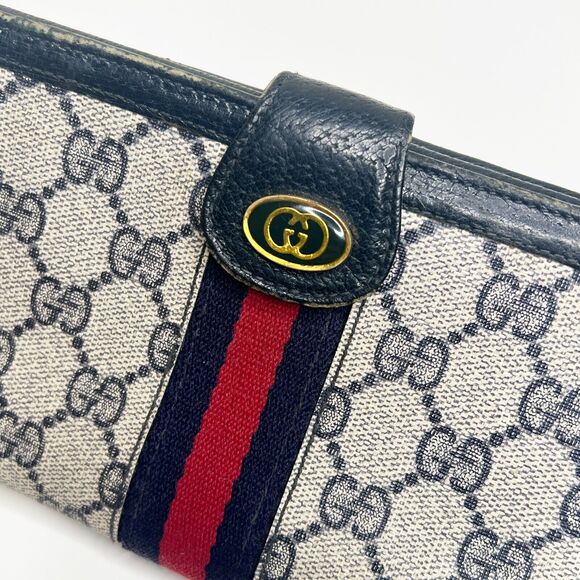 GUCCI Vintage Navy Supreme Web Ophidia Trifold Long Wallet Monogram FLAW 4 x 7.5 - Picture 3 of 12